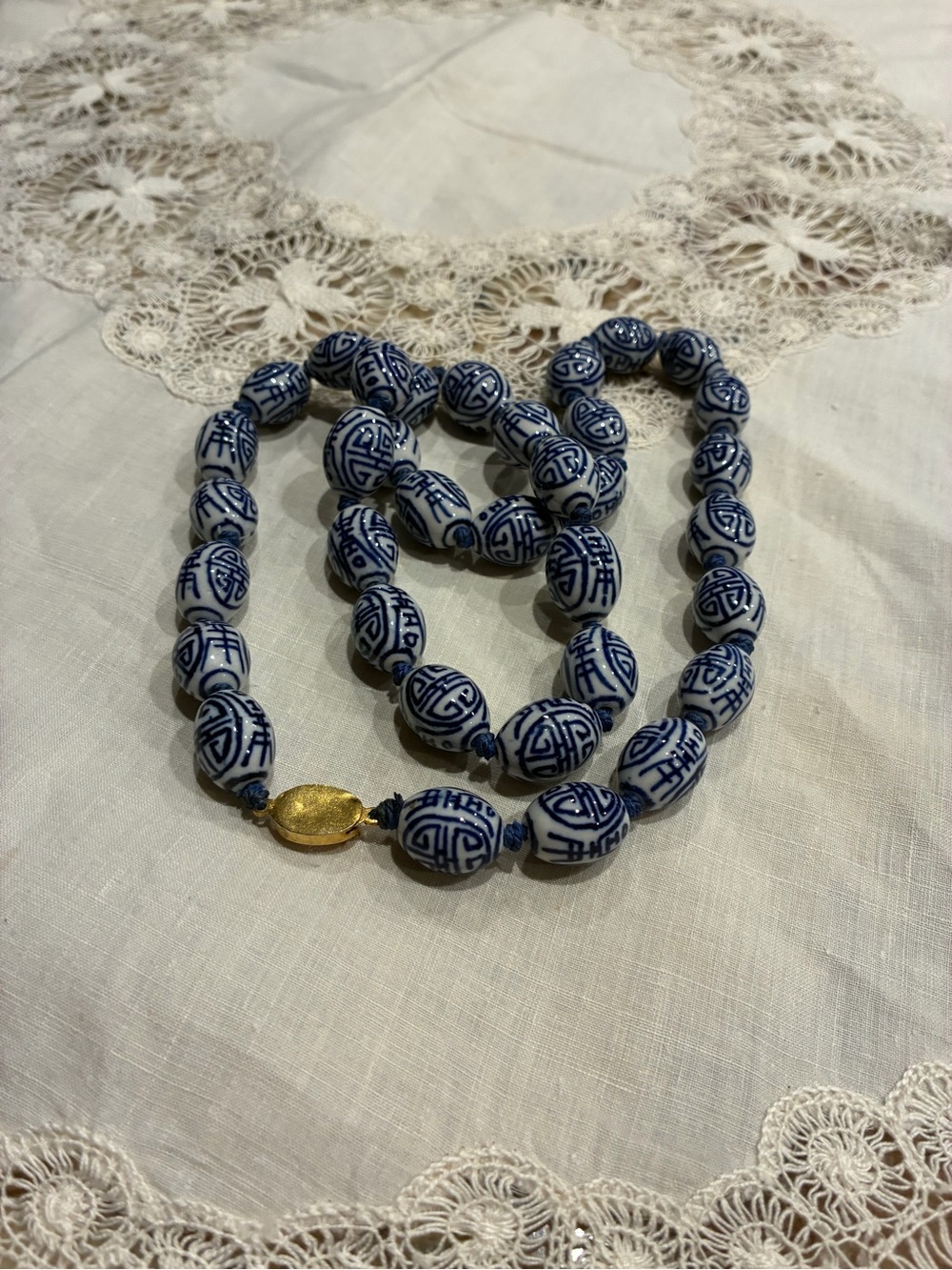 Vintage Knotted Chinese Blue and White Porcelain Bead Necklace